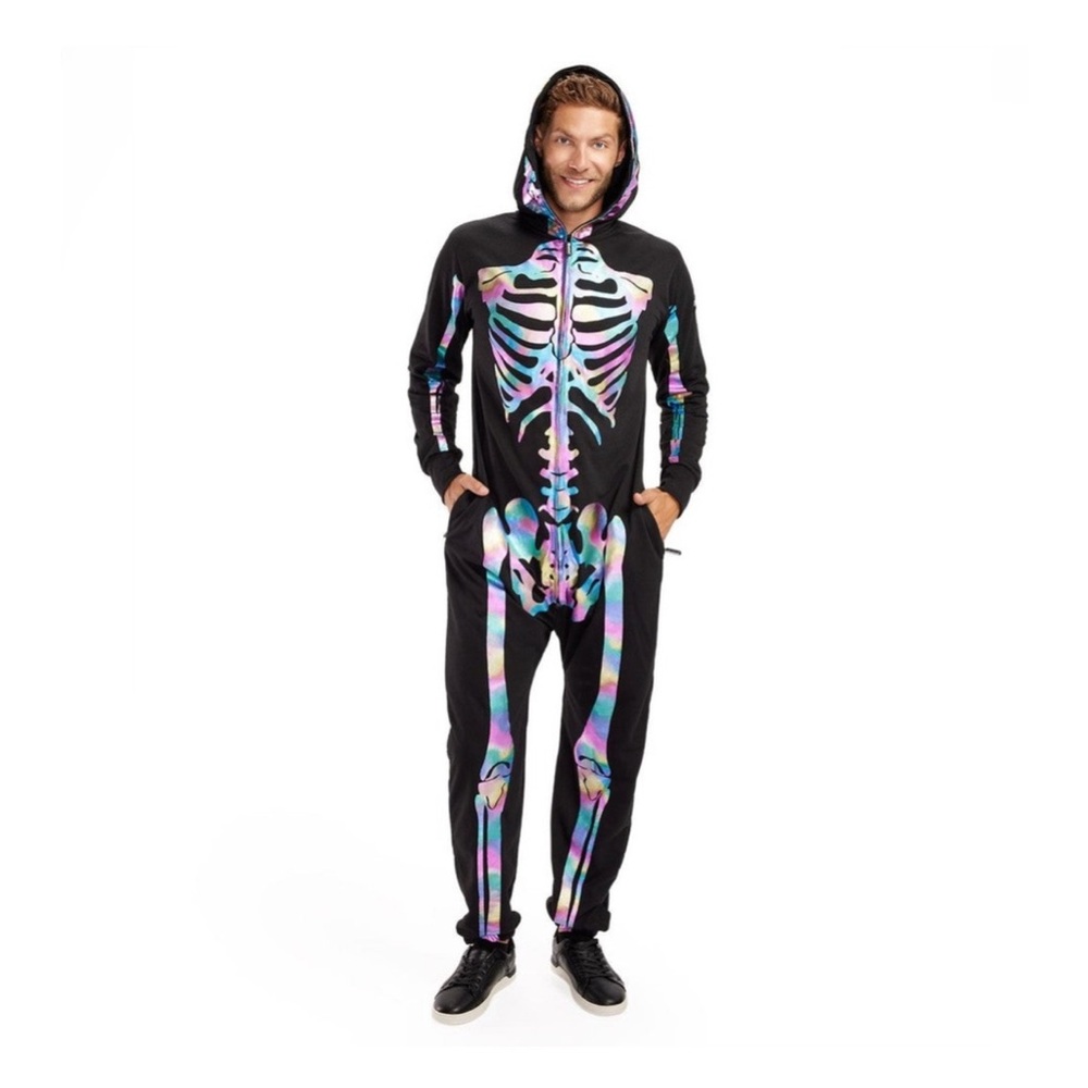 Tipsy Elves Iridescent Skeleton Costume Onesie Men’s Size Large Zippered Pockets